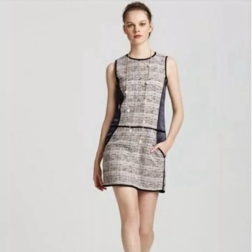 Theory Waldia Tweed Mixed Media Silk Sheath Midi Dress with Pockets Size 6